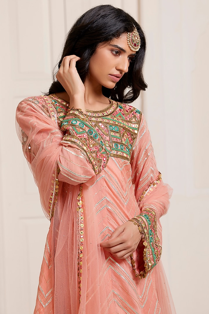 Peach Chanderi & Net Embroidered Kurta Set by SurilyG at Pernia's Pop Up Shop