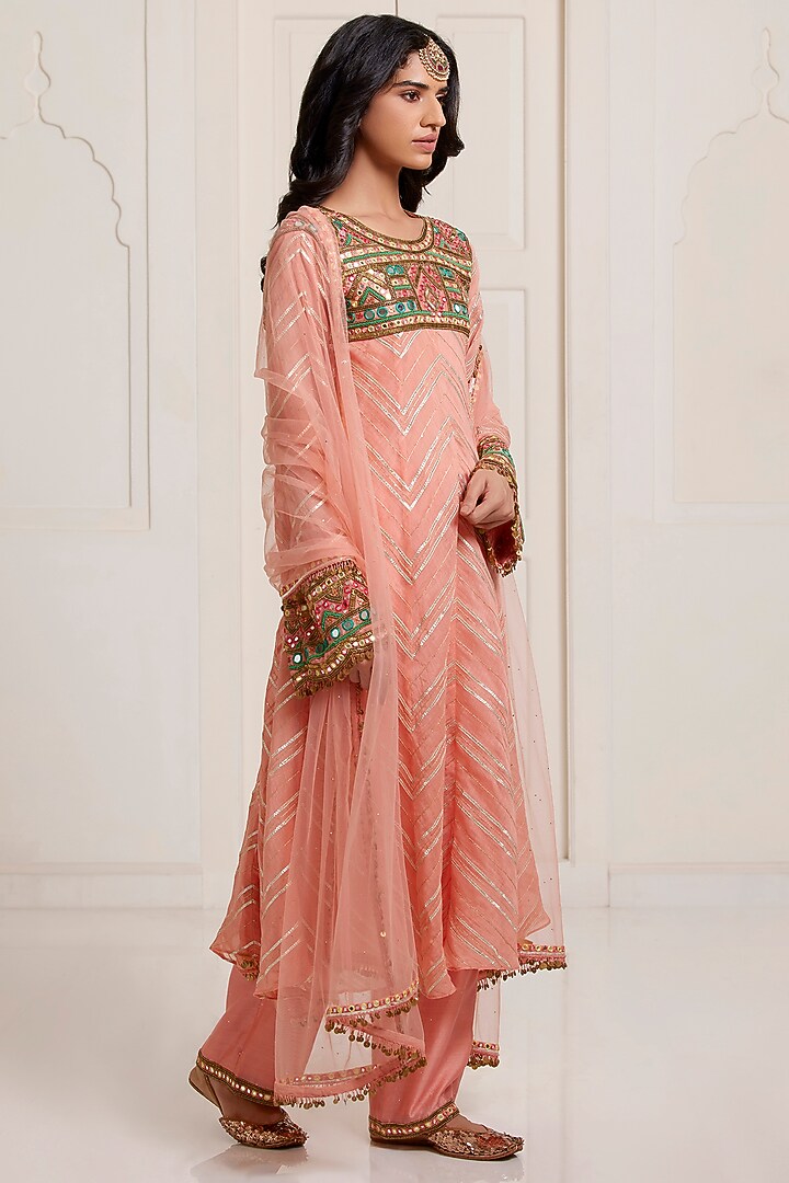Peach Chanderi & Net Embroidered Kurta Set by SurilyG at Pernia's Pop Up Shop