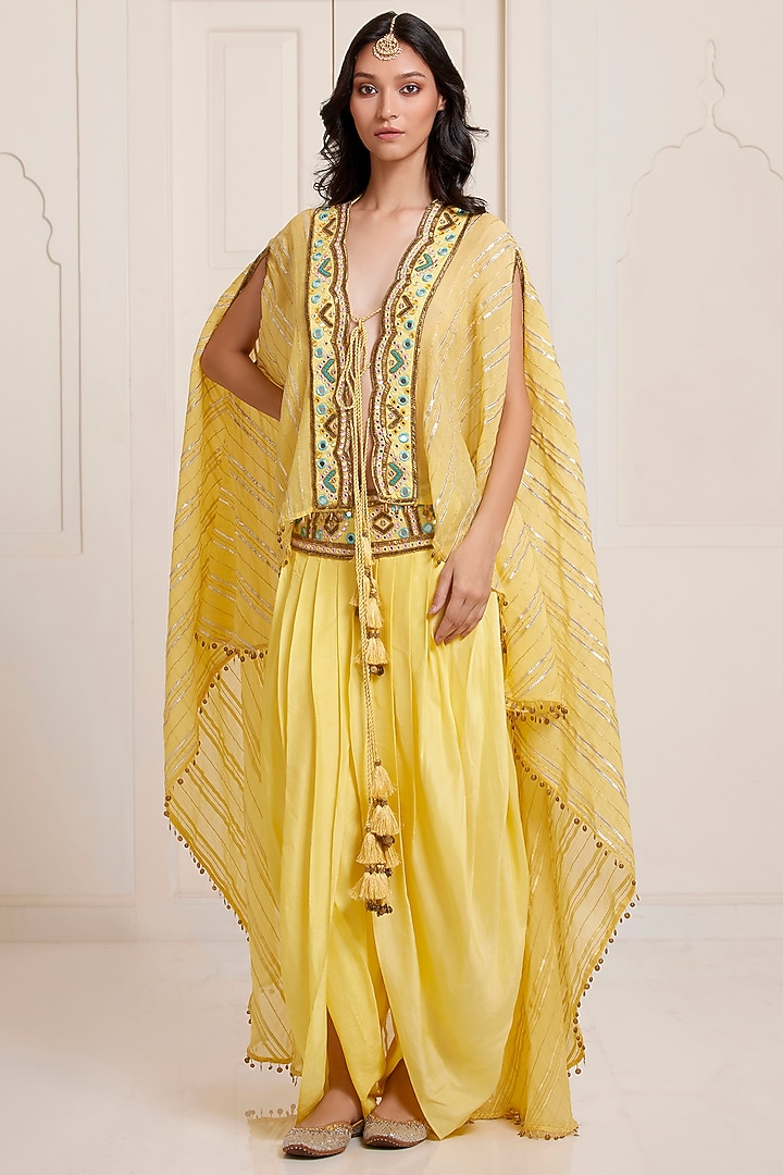 Yellow Chanderi Cape Set by SurilyG at Pernia's Pop Up Shop