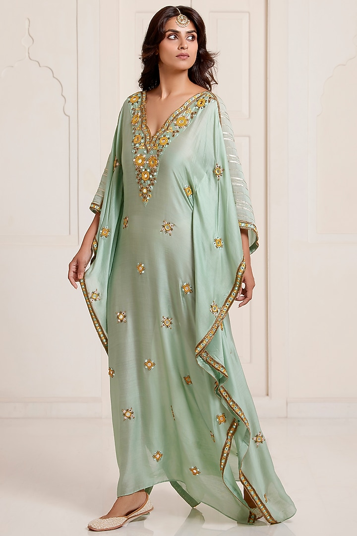 Green Chanderi Embroidered Kaftan by SurilyG at Pernia's Pop Up Shop