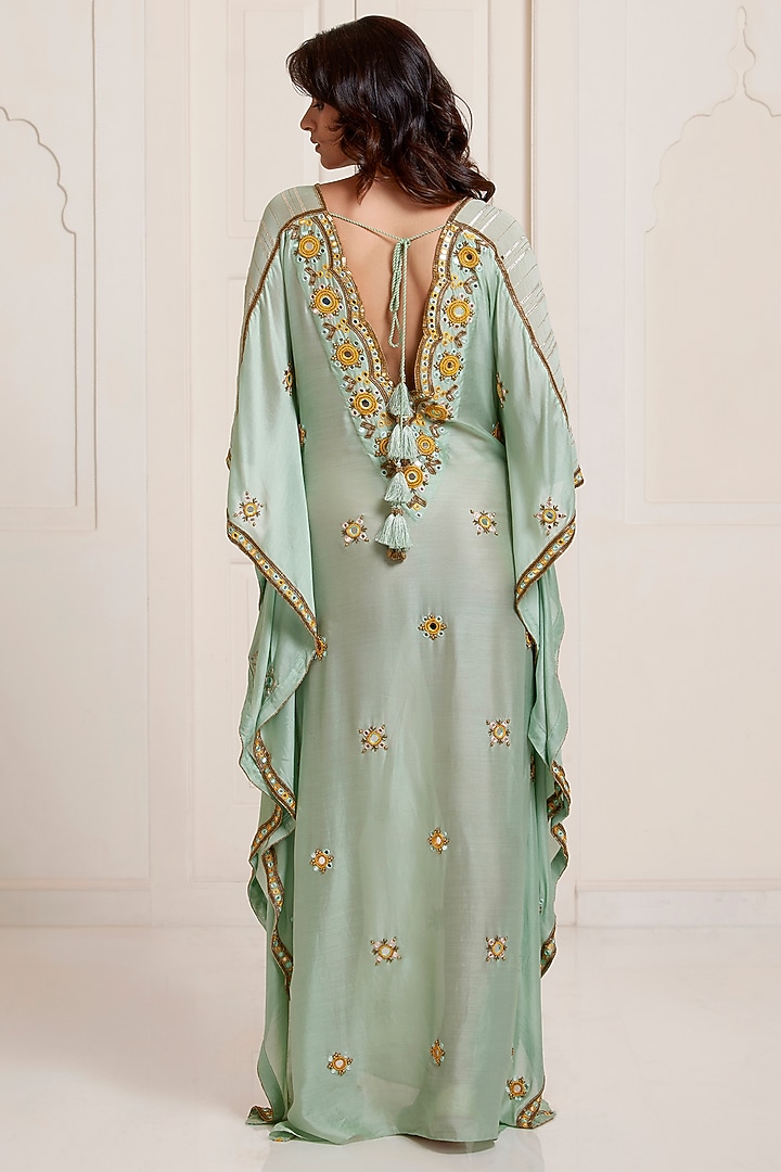 Green Chanderi Embroidered Kaftan by SurilyG at Pernia's Pop Up Shop