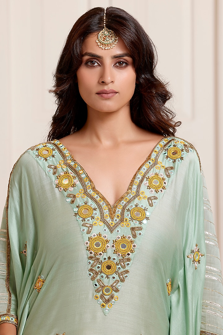 Green Chanderi Embroidered Kaftan by SurilyG at Pernia's Pop Up Shop