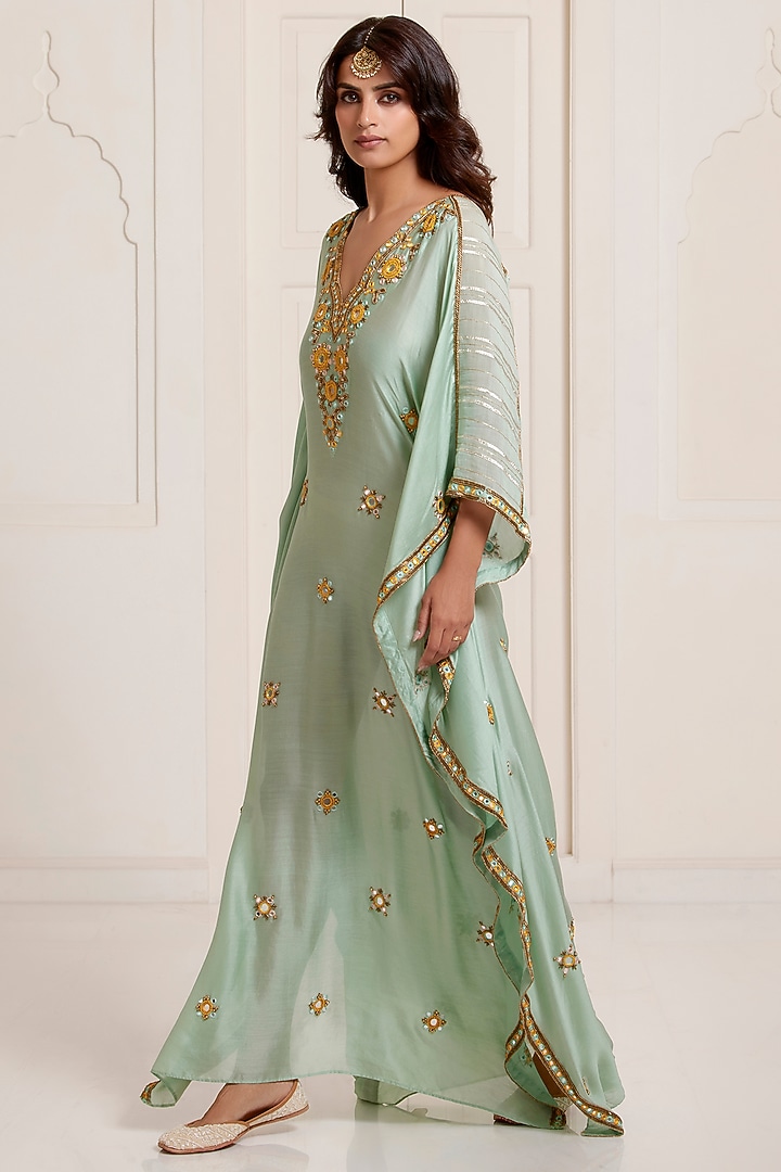 Green Chanderi Embroidered Kaftan by SurilyG at Pernia's Pop Up Shop