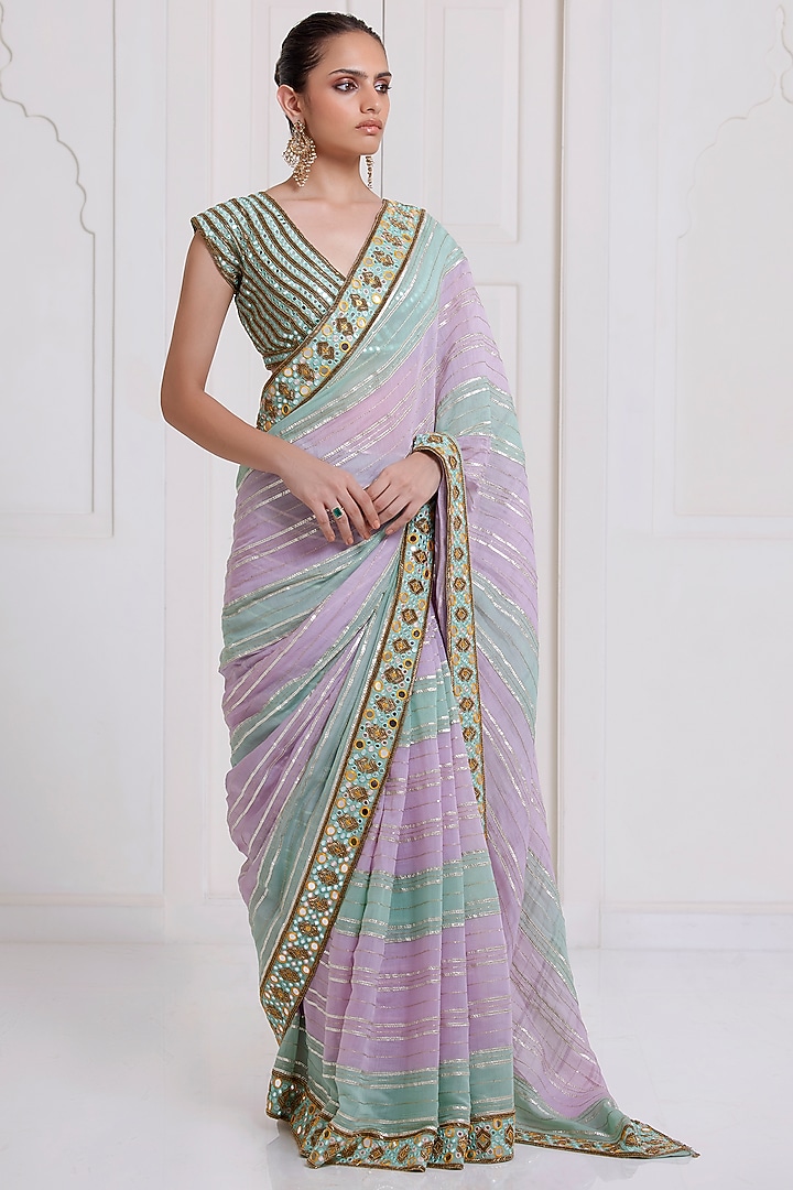 Green-Lilac Chanderi Mirror Embroidered Reception Saree Set by SurilyG at Pernia's Pop Up Shop