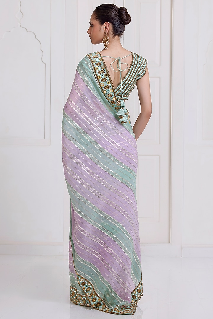 Green-Lilac Chanderi Mirror Embroidered Reception Saree Set by SurilyG at Pernia's Pop Up Shop