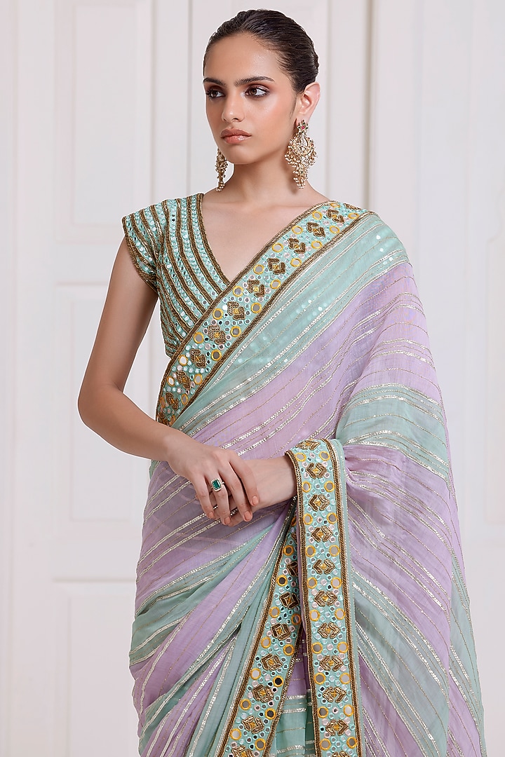 Green-Lilac Chanderi Mirror Embroidered Reception Saree Set by SurilyG at Pernia's Pop Up Shop