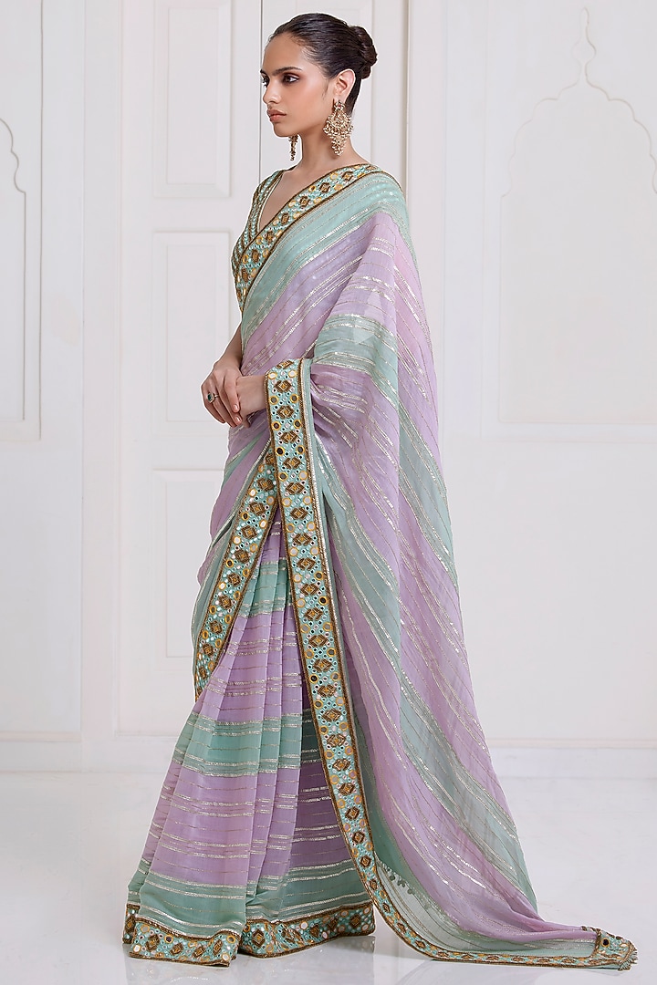 Green-Lilac Chanderi Mirror Embroidered Reception Saree Set by SurilyG at Pernia's Pop Up Shop