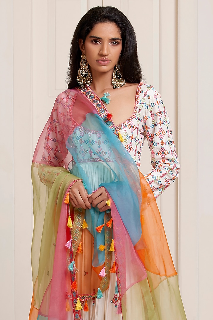 Ivory Silk & Organza Embroidered Bridal Anarkali Set by SurilyG at Pernia's Pop Up Shop