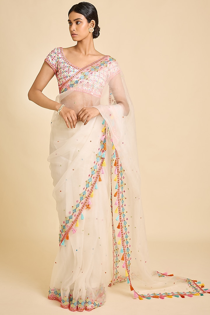 Ivory Organza Reception Saree Set by SurilyG at Pernia's Pop Up Shop