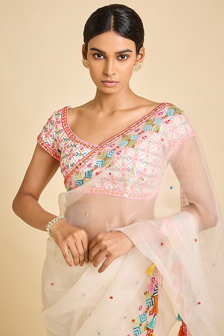 Ivory Organza Reception Saree Set by SurilyG at Pernia's Pop Up Shop