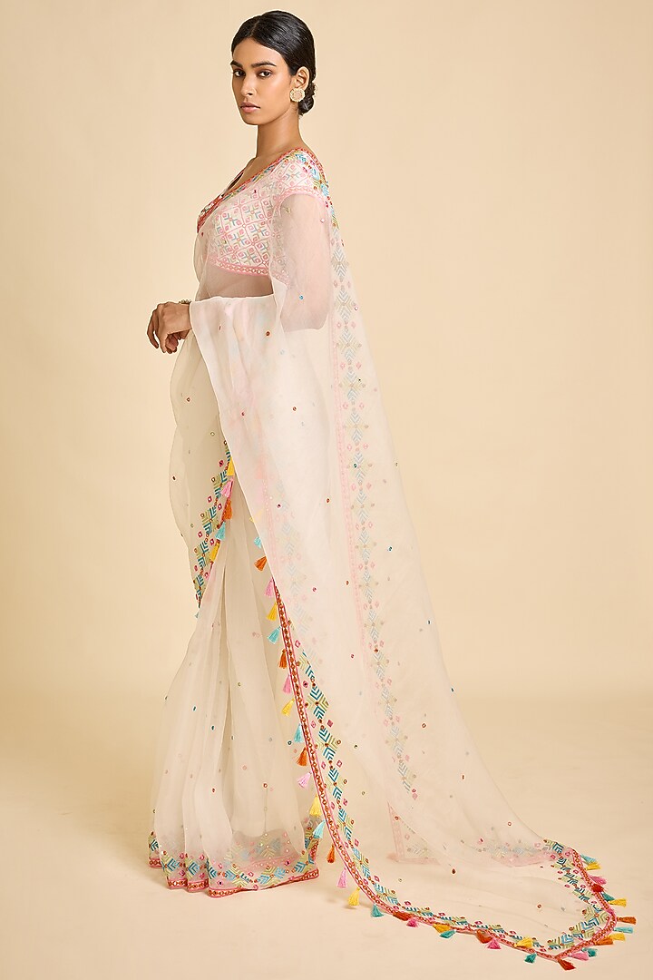 Ivory Organza Reception Saree Set by SurilyG at Pernia's Pop Up Shop