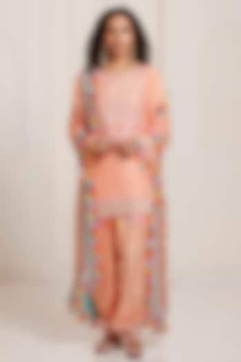 Peach Silk Embroidered Kurta Set by SurilyG at Pernia's Pop Up Shop