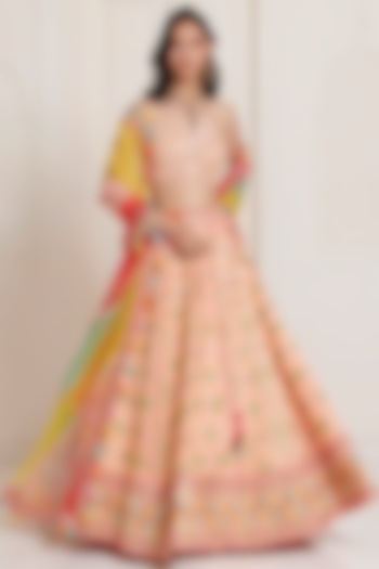 Peach Silk & Organza Mirror Embroidered Bridal Lehenga Set by SurilyG at Pernia's Pop Up Shop