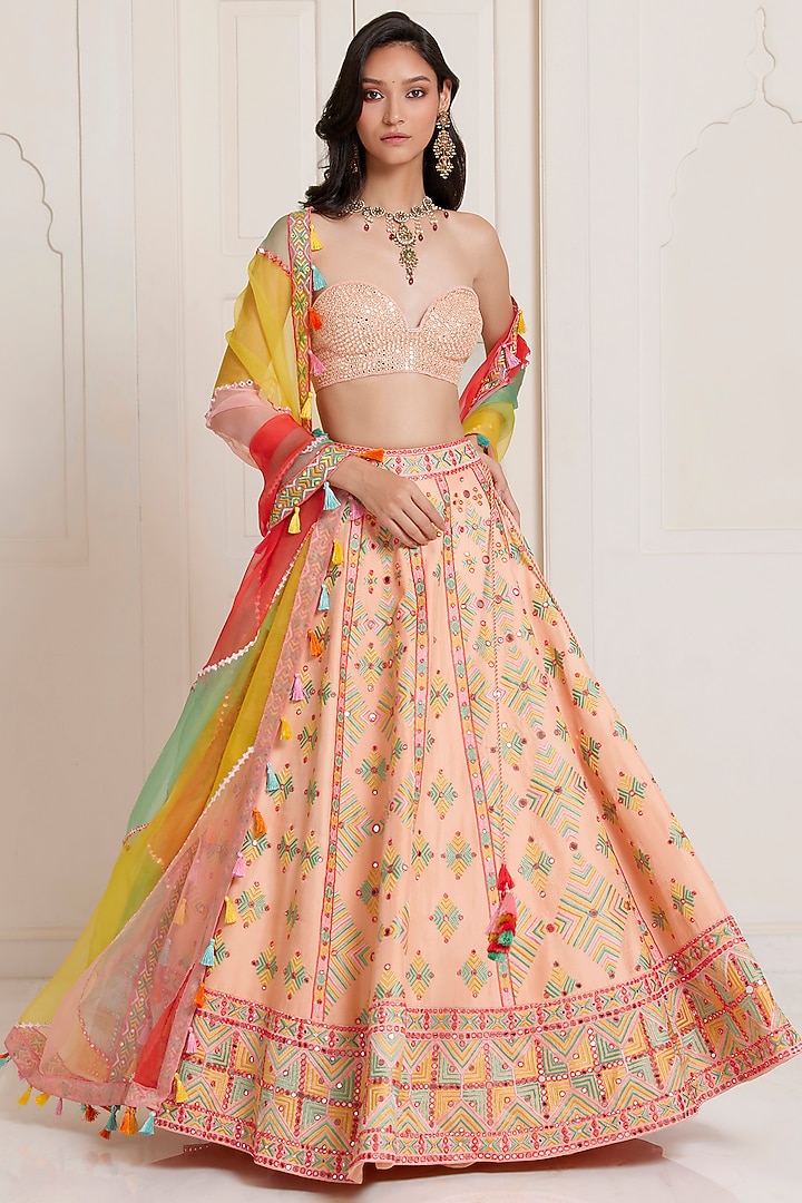 Peach Silk & Organza Mirror Embroidered Bridal Lehenga Set by SurilyG at Pernia's Pop Up Shop