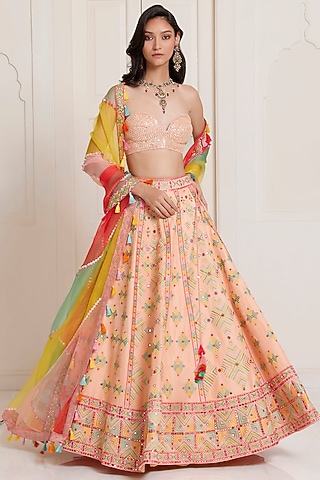 Peach Silk & Organza Mirror Embroidered Lehenga Set by SurilyG