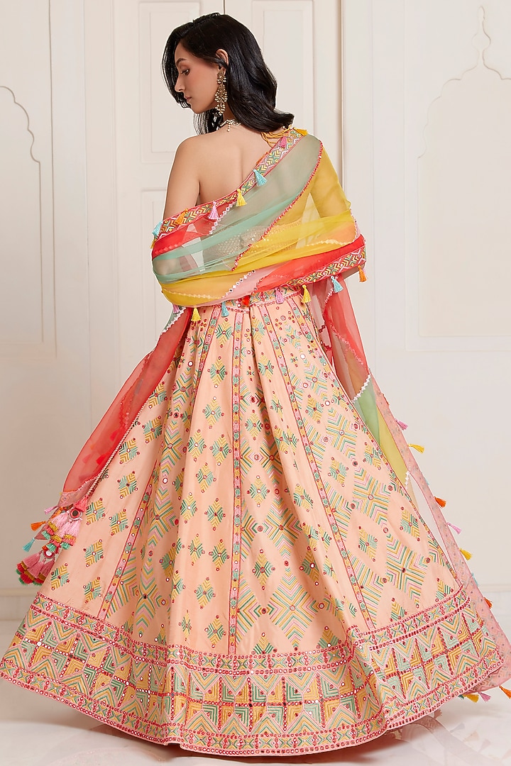 Peach Silk & Organza Mirror Embroidered Bridal Lehenga Set by SurilyG at Pernia's Pop Up Shop