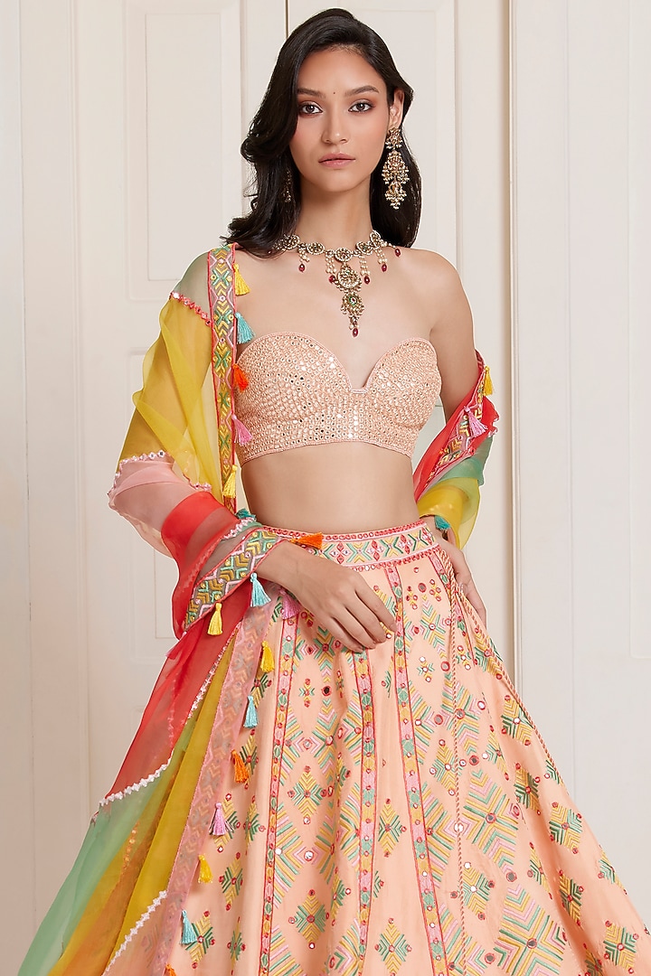 Peach Silk & Organza Mirror Embroidered Bridal Lehenga Set by SurilyG at Pernia's Pop Up Shop