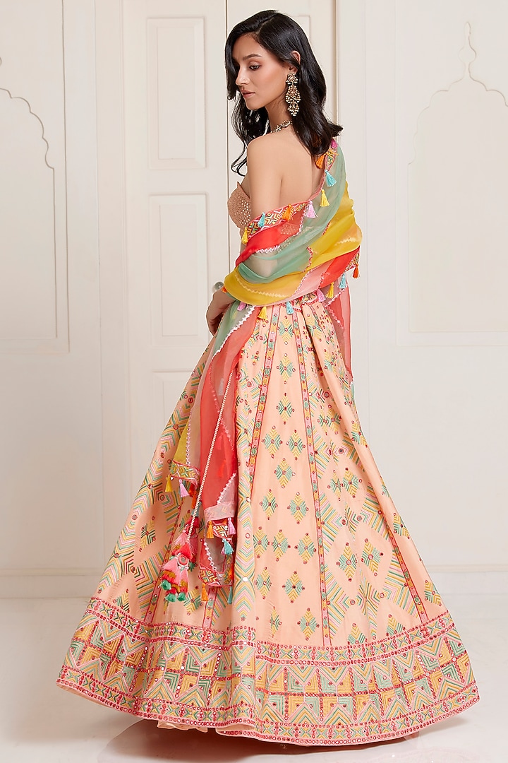 Peach Silk & Organza Mirror Embroidered Bridal Lehenga Set by SurilyG at Pernia's Pop Up Shop