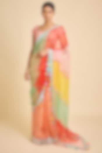 Multi-Colored Organza Phulkari Reception Saree Set by SurilyG at Pernia's Pop Up Shop