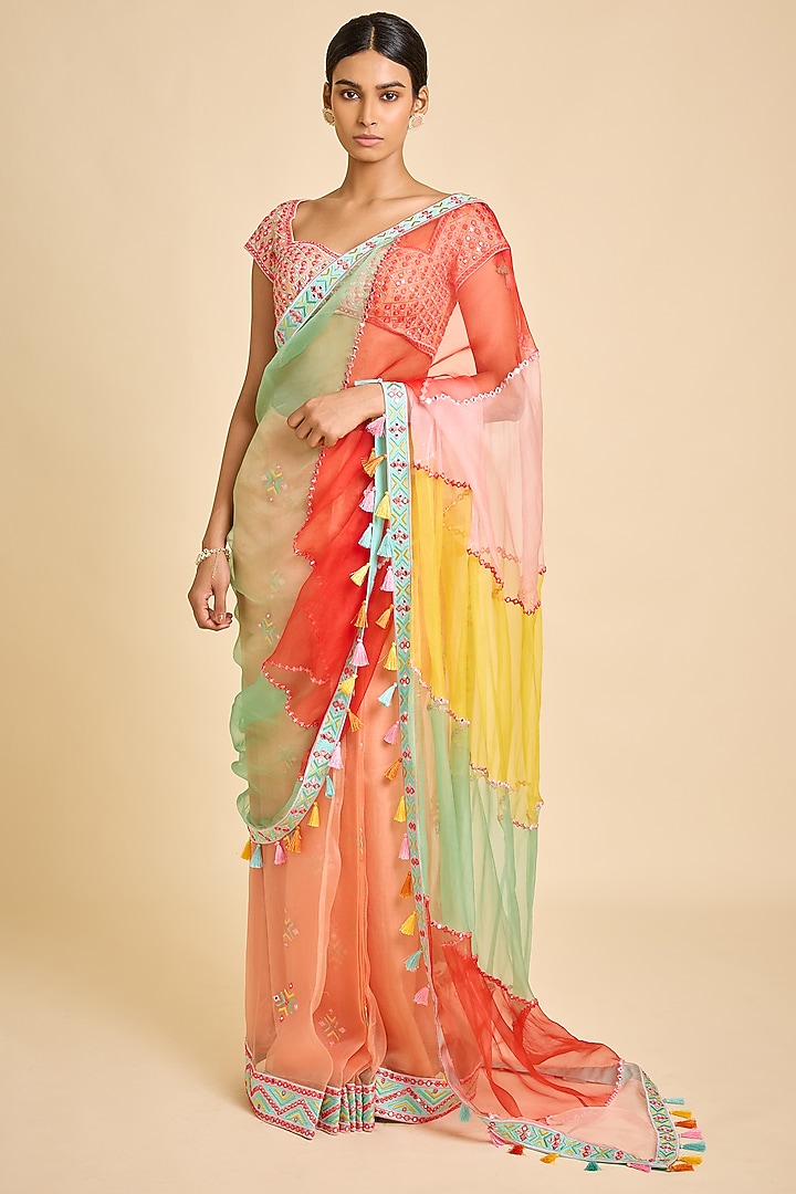 Multi-Colored Organza Phulkari Reception Saree Set by SurilyG at Pernia's Pop Up Shop