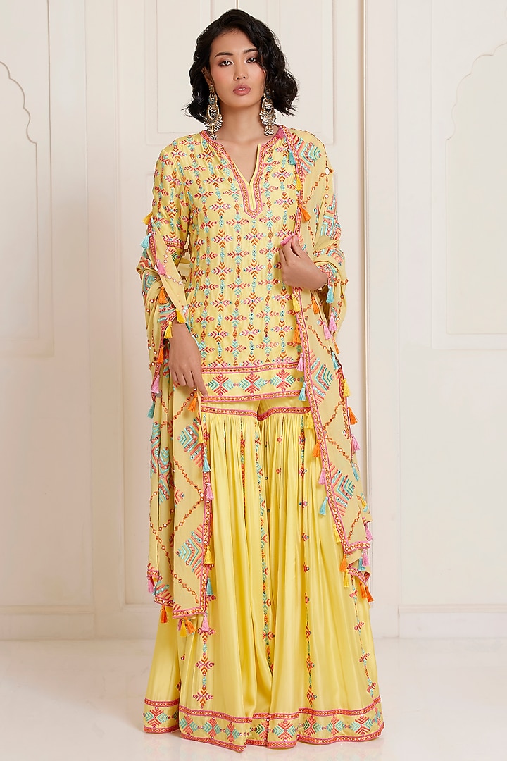 Yellow Silk & Georgette Embroidered Bridal Sharara Set by SurilyG at Pernia's Pop Up Shop