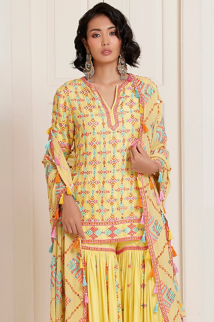 Yellow Silk & Georgette Embroidered Bridal Sharara Set by SurilyG at Pernia's Pop Up Shop