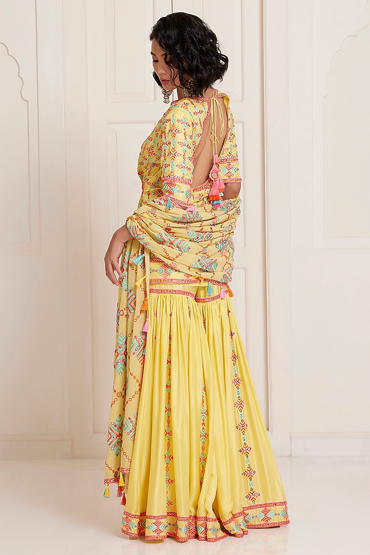 Yellow Silk & Georgette Embroidered Bridal Sharara Set by SurilyG at Pernia's Pop Up Shop