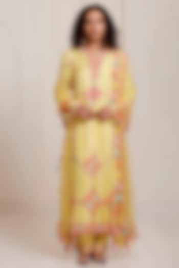 Yellow Silk & Organza Embroidered Kurta Set by SurilyG at Pernia's Pop Up Shop