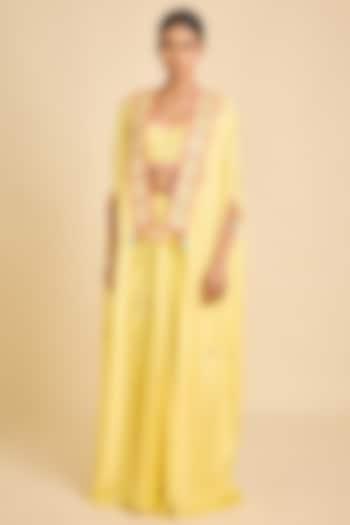 Yellow Silk Mirror Embellished Draped Skirt Set by SurilyG at Pernia's Pop Up Shop