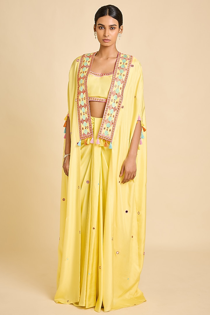 Yellow Silk Mirror Embellished Draped Skirt Set by SurilyG at Pernia's Pop Up Shop