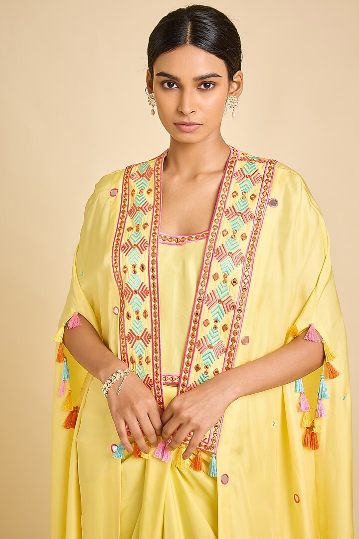 Yellow Silk Mirror Embellished Draped Skirt Set by SurilyG at Pernia's Pop Up Shop