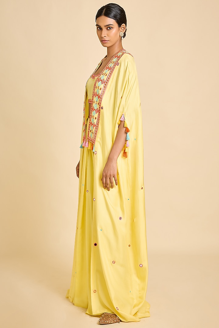 Yellow Silk Mirror Embellished Draped Skirt Set by SurilyG at Pernia's Pop Up Shop