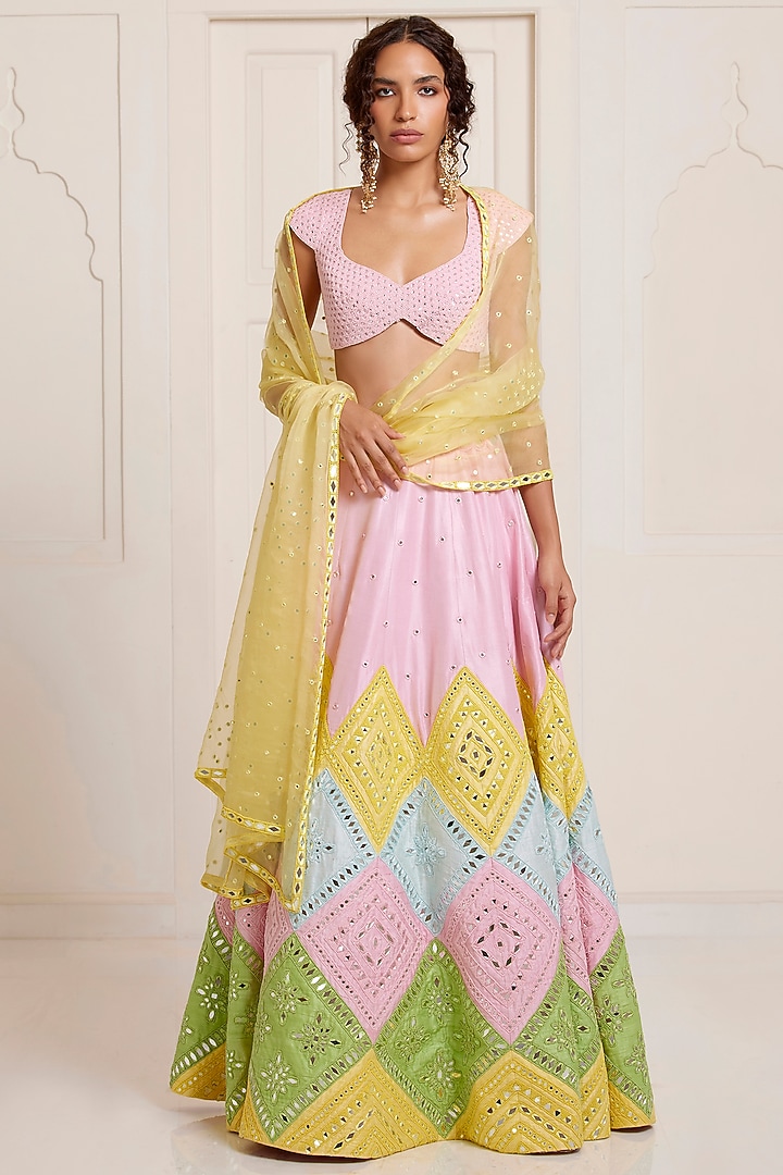 Pink Silk Mirror Embroidered Bridal Lehenga Set by SurilyG at Pernia's Pop Up Shop