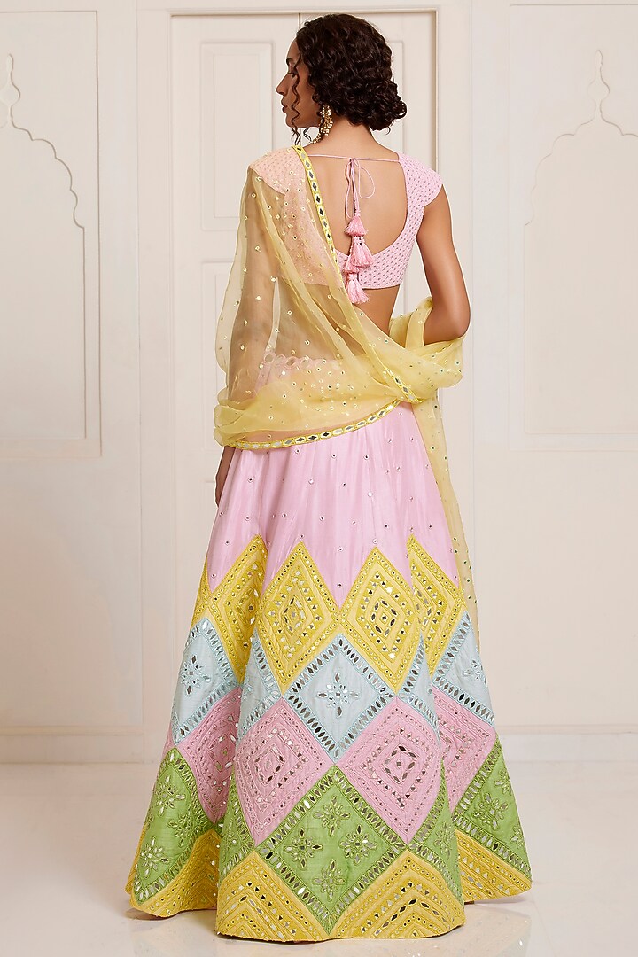 Pink Silk Mirror Embroidered Bridal Lehenga Set by SurilyG at Pernia's Pop Up Shop