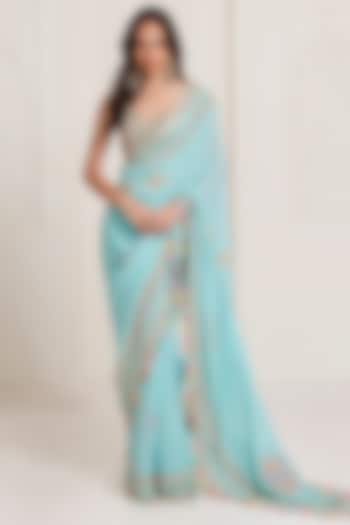 Blue Georgette Motifs Work Bridal Saree Set by SurilyG at Pernia's Pop Up Shop