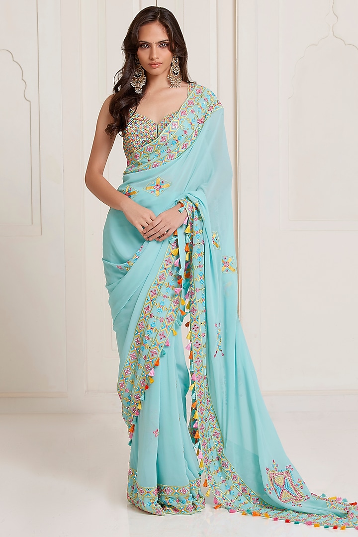 Blue Georgette Motifs Work Bridal Saree Set by SurilyG at Pernia's Pop Up Shop