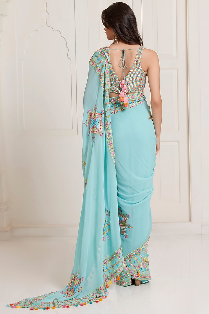 Blue Georgette Motifs Work Reception Saree Set by SurilyG at Pernia's Pop Up Shop