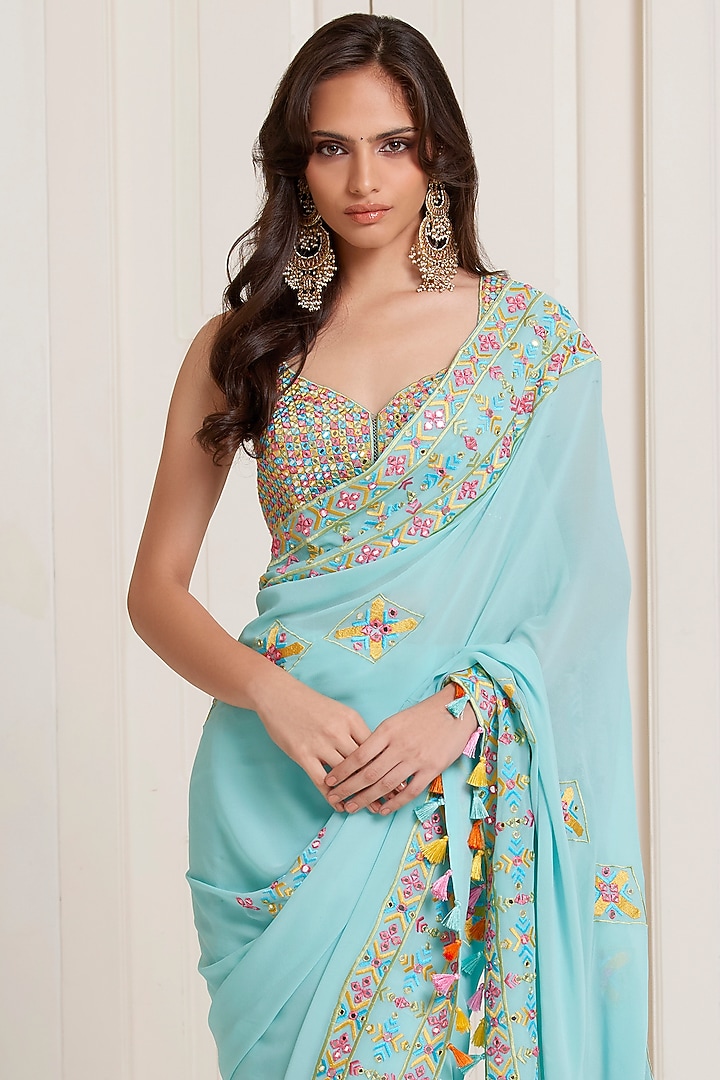 Blue Georgette Motifs Work Reception Saree Set by SurilyG at Pernia's Pop Up Shop
