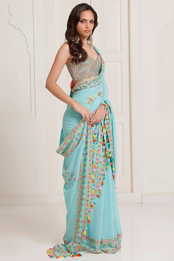 Blue Georgette Motifs Work Reception Saree Set by SurilyG at Pernia's Pop Up Shop