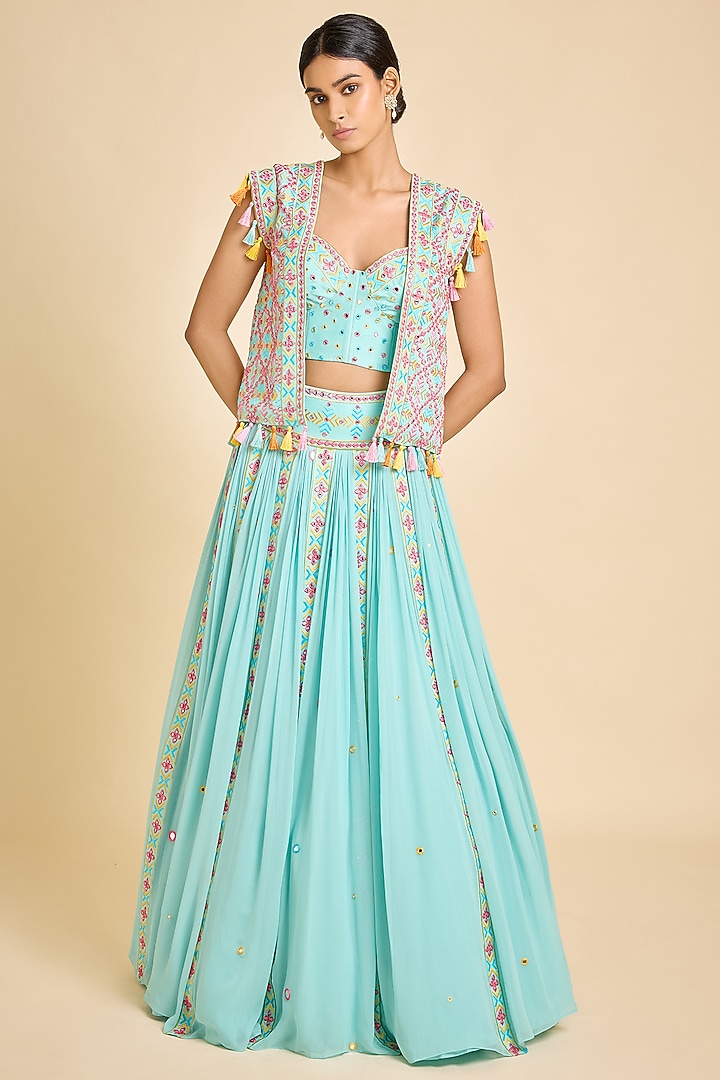 Blue Mirror Silk Embroidered Bridal Lehenga Set by SurilyG at Pernia's Pop Up Shop