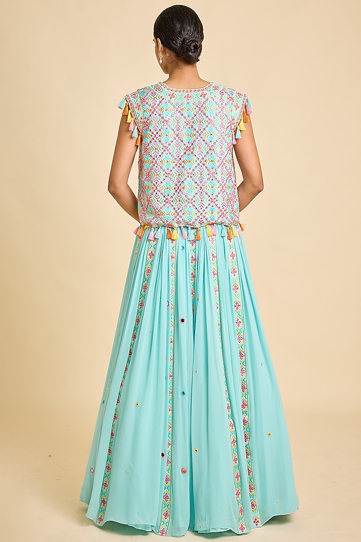 Blue Mirror Silk Embroidered Bridal Lehenga Set by SurilyG at Pernia's Pop Up Shop