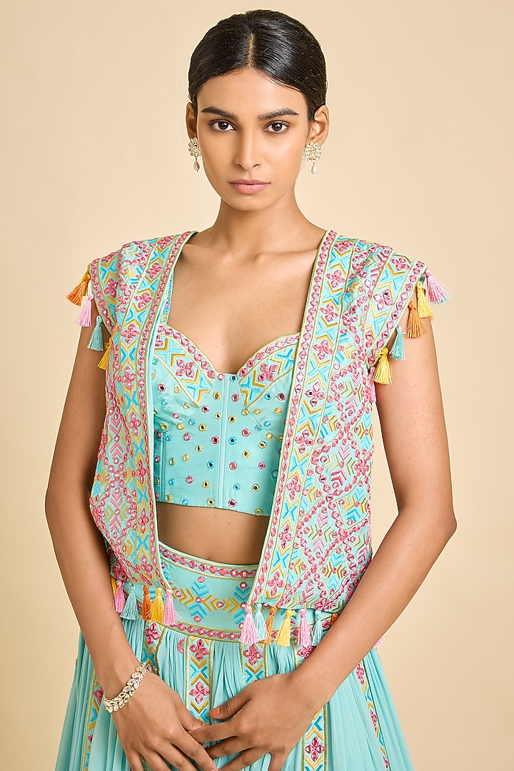 Blue Mirror Silk Embroidered Bridal Lehenga Set by SurilyG at Pernia's Pop Up Shop