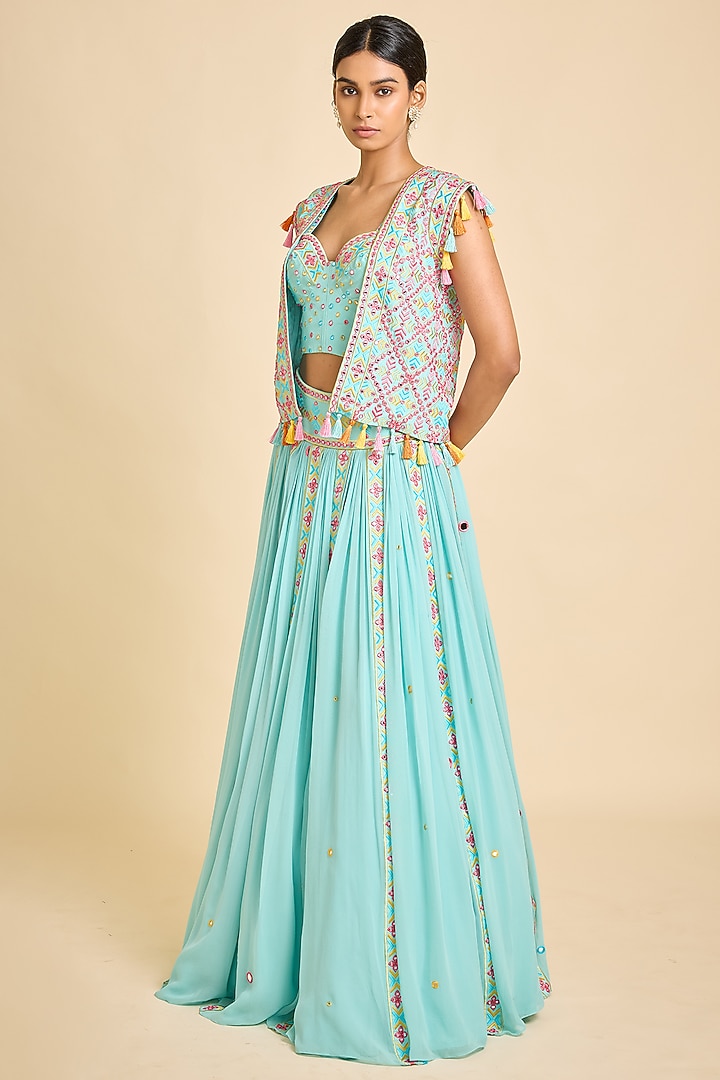 Blue Mirror Silk Embroidered Bridal Lehenga Set by SurilyG at Pernia's Pop Up Shop