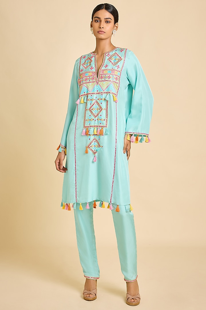 Blue Silk Embroidered Short Kurta Set by SurilyG at Pernia's Pop Up Shop