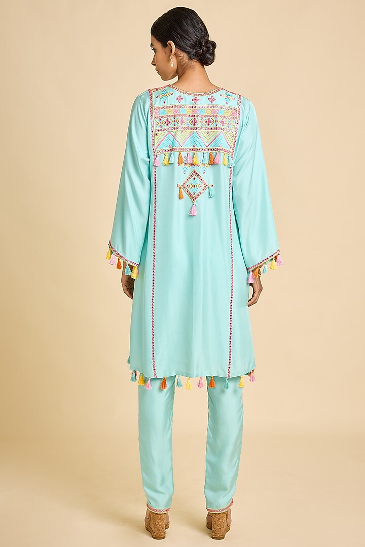Blue Silk Embroidered Short Kurta Set by SurilyG at Pernia's Pop Up Shop