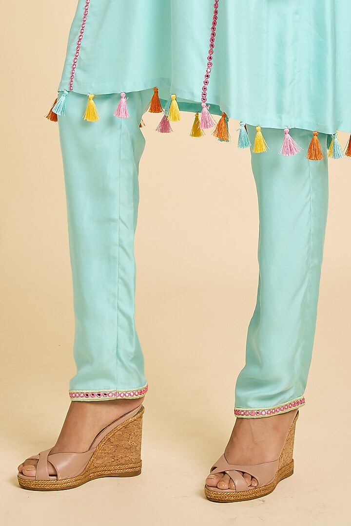Blue Silk Embroidered Short Kurta Set by SurilyG at Pernia's Pop Up Shop