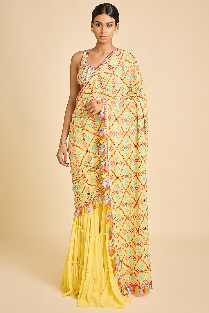 Yellow Georgette Embroidered Pre-Stitched Bridal Saree Set by SurilyG at Pernia's Pop Up Shop
