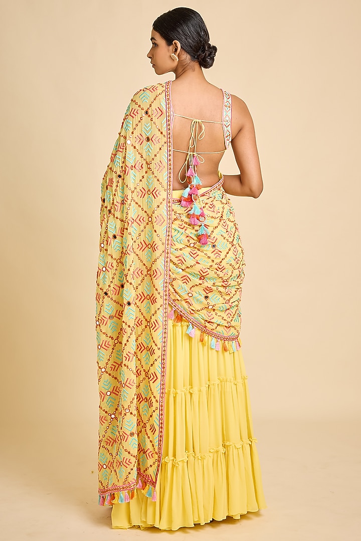 Yellow Georgette Embroidered Pre-Stitched Bridal Saree Set by SurilyG at Pernia's Pop Up Shop