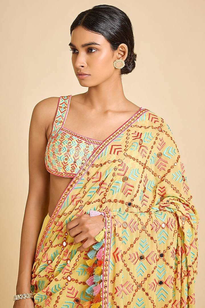 Yellow Georgette Embroidered Pre-Stitched Bridal Saree Set by SurilyG at Pernia's Pop Up Shop