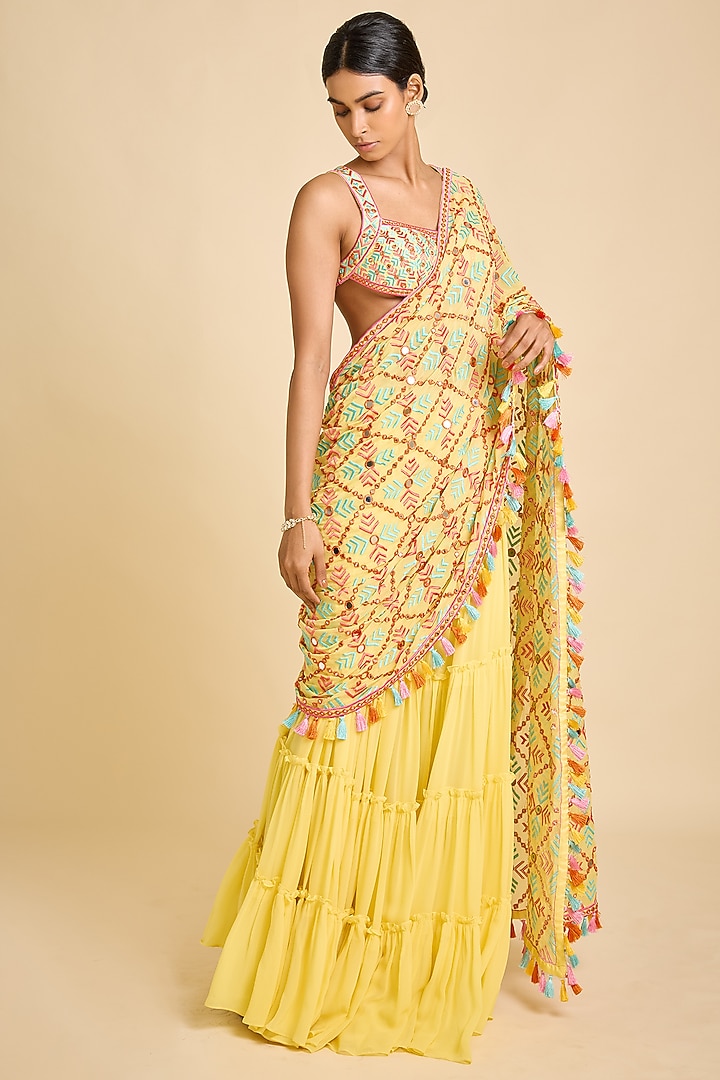 Yellow Georgette Embroidered Pre-Stitched Bridal Saree Set by SurilyG at Pernia's Pop Up Shop